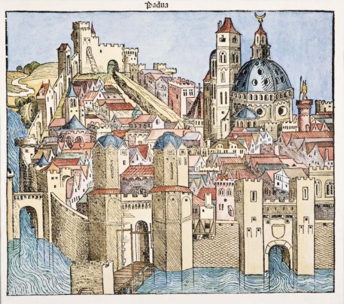 Widok Padwy według Kroniki świata Hartmanna Schedla, wydanej w Norymberdze w 1493 roku, faksymile ryciny. Muzeum Okręgowe w Toruniu