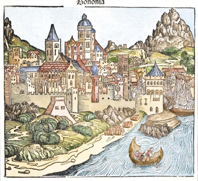 Widok Bolonii według Kroniki świata Hartmanna Schedla, wydanej w Norymberdze w 1493 roku. Faksymile ryciny. Muzeum Okręgowe w Toruniu