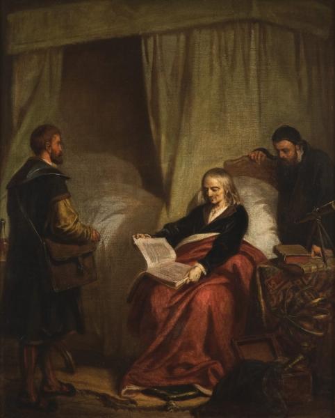 Obraz Mikołaj Kopernik na łożu śmierci autorstwa Walerego Eliasza Radzikowskiego przedstawia schorowanego Kopernika odbierającego wydrukowany egzemplarz De revolutionibus. W rzeczywistości dzieło Kopernika dotarło do Fromborka zapewne już po jego śmierci