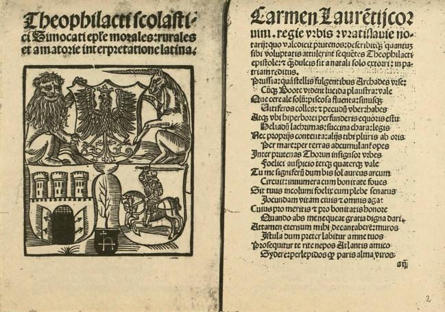 Pierwsze strony Listów Teofilakta Symokatty w przekładzie Kopernika, wydanych w Krakowie w 1509 r.