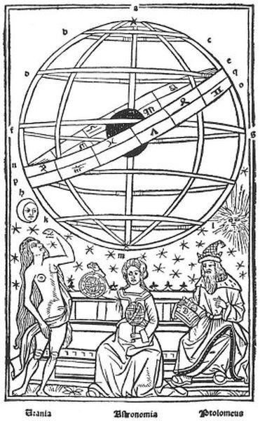Urania, Astronomia i Klaudiusz Ptolemeusz w towarzystwie geocentrycznego modelu świata. Astronomia trzyma w prawej ręce astrolabium płaskie. Drzeworyt z XV w.