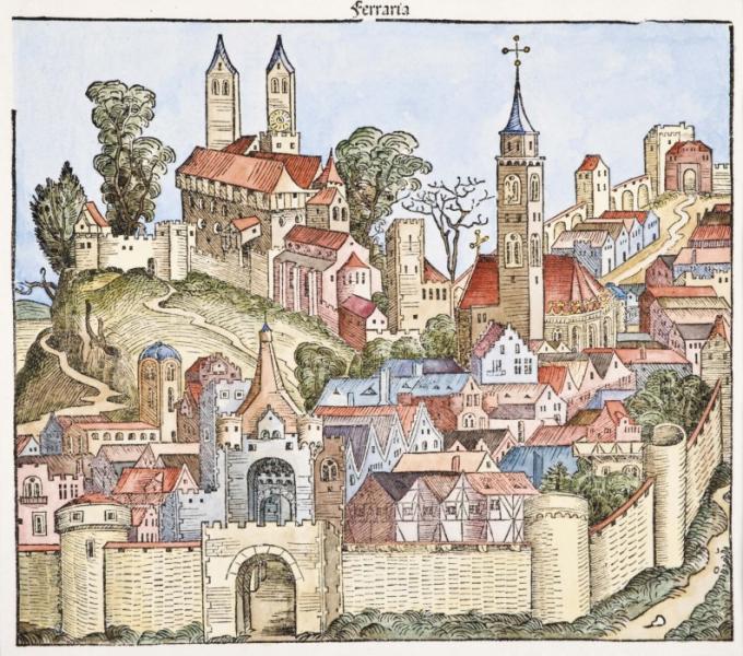 View of Ferrara according to the Chronicle of the World by Hartmann Schedel, published in Nuremberg in 1493. Facsimile engravings. Regional Museum in Toruń