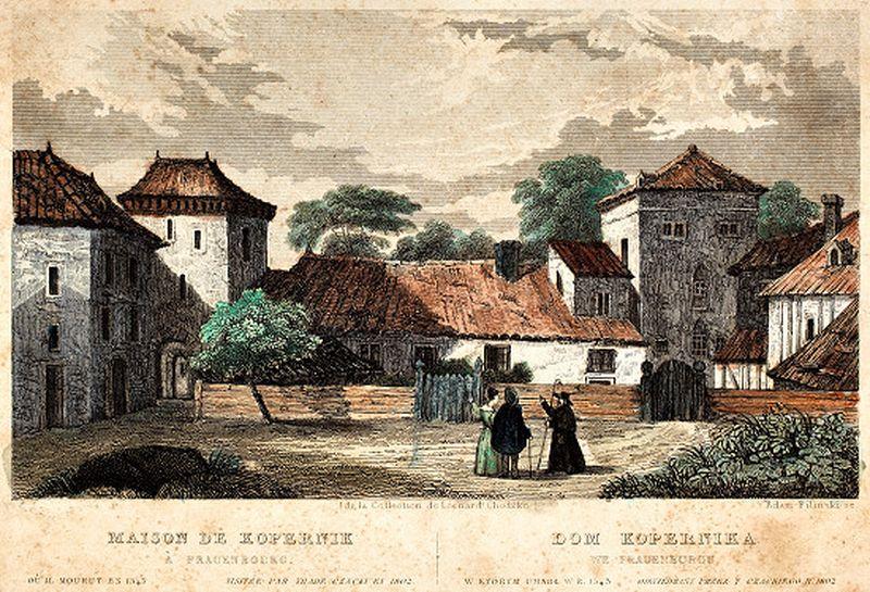 Adam Pilinski's colored steel engraving from around 1840 showing the then view of the tower on the cathedral hill in Frombork, which belonged to Copernicus from 1503-1543. Held in the Copernicus Library in Toruń
