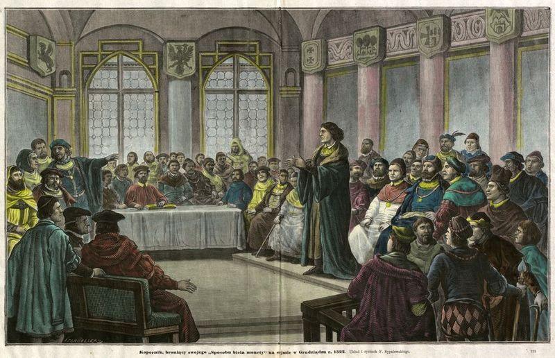 Johann Schübler's graphic from the second half of the 19th century depicting Nicolaus Copernicus presenting his 'Treatise on Coinage' during the proceedings of the Royal Prussian Sejm in Grudziądz. University Library in Toruń
